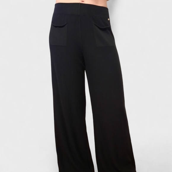 SONIA RYKIEL PARIS Cotton Knit High Rise Wide Leg Palazzo Pull On Pant Tuxedo 8 - Picture 1 of 10